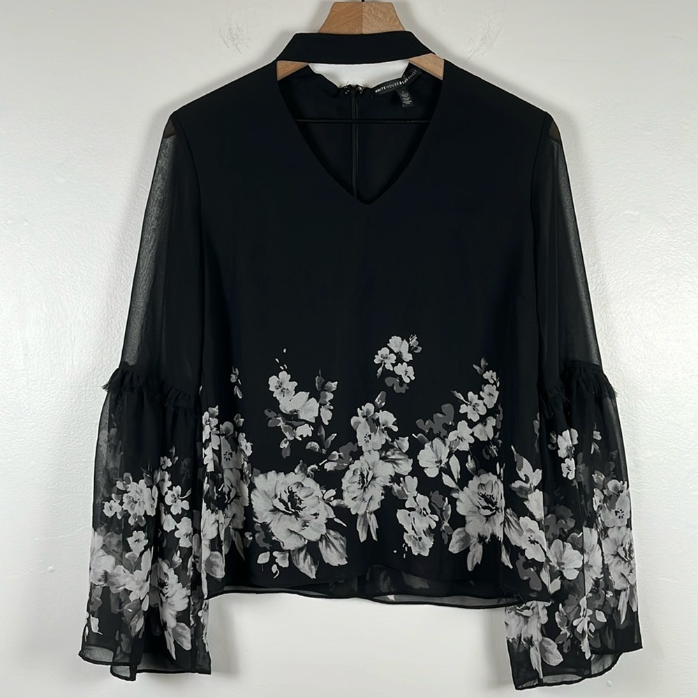WhiteHouseBlackMarket BL/ Black/White/Grey flowers BOHO Long Sleeves V-neck Sz 4